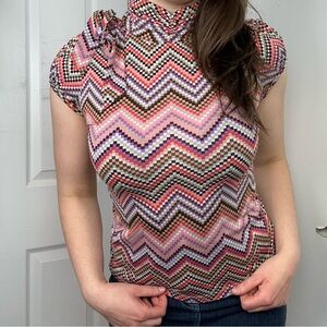 Vintage 90s/Y2K Chevron High Neck Blouse with Bow Tie